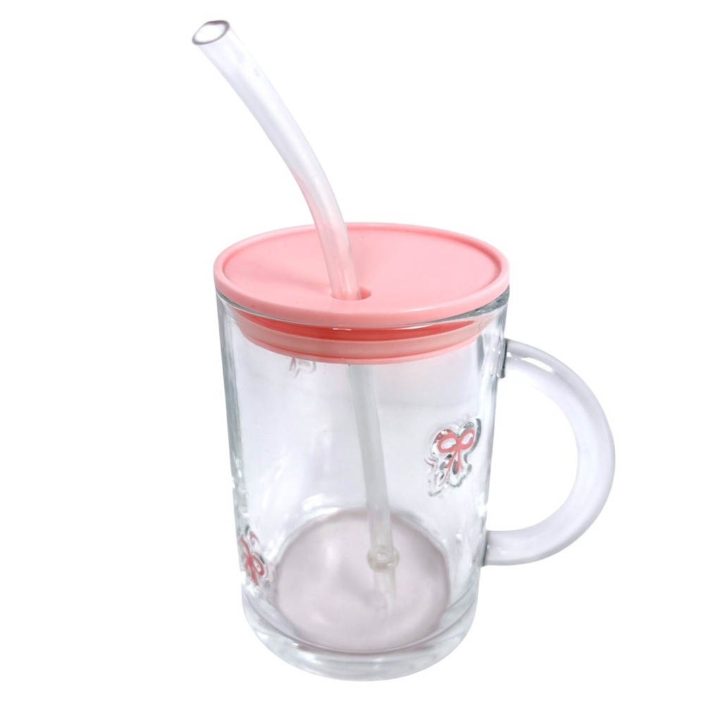 Room Essentials Pink Bow Glass Sipper Mug With Straw 16oz New‎